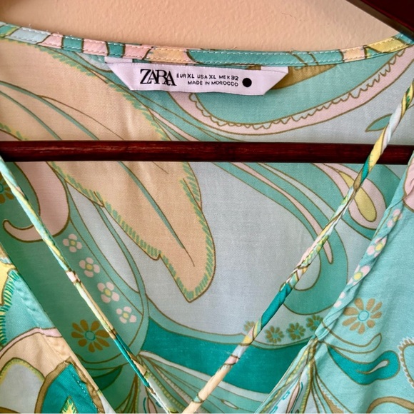 Zara|70s Inspired Sea Green Satin Puffy Long Sleeve V-Neck Crop Top Blouse Sz XL - Picture 5 of 7